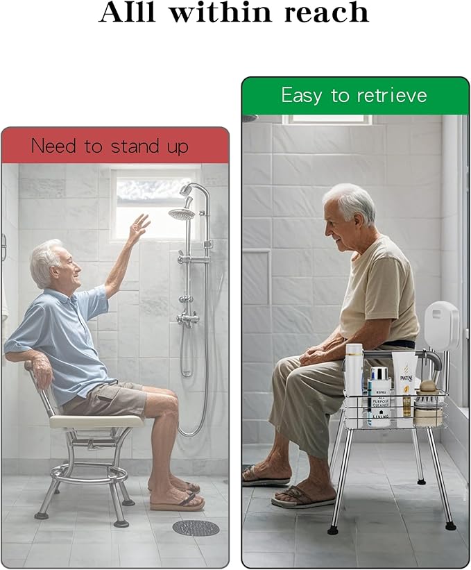 Bathroom Shower Organizer, Chair Upper Hanging Shelf, 304 Stainless Steel Seat Storage Shelf for Elderly Disabled Shower Chair Bench with Armrests