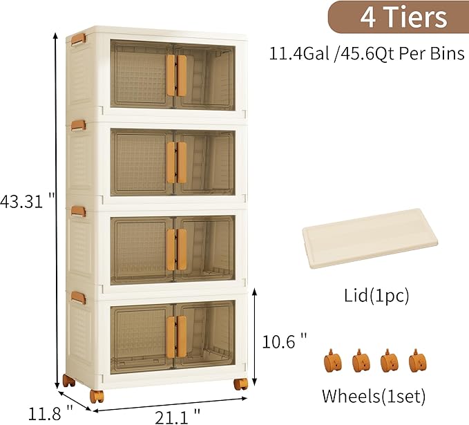 Plastic Stackable Storage Bins with Lids and Wheels, 180QT-45QT*4Tier Foldable Closet Organizers and Containers, Collapsible Clear Drawer Storage Cabinet with Doors Ivory White