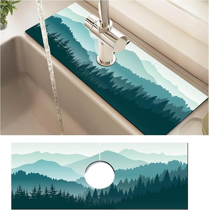 Absorbent Splash Guard Mat for Kitchen Sink, 15×5.5 Inch Cute Fast Drying Drip Catcher Behind Faucet Mat, Non-Slip, Washable Sink Mat Gadgets for Bathroom, Kitchen, Bar Blue Mountains