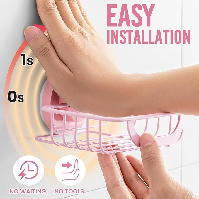 LEVERLOC Soap Holder Dish with Hooks for Shower, Bar Suction Cup Soap Tray Wall Mounted, Rustproof Stainless Steel Sponge Holder Caddy for Bathroom Bathtub Kitchen Sink, Pink