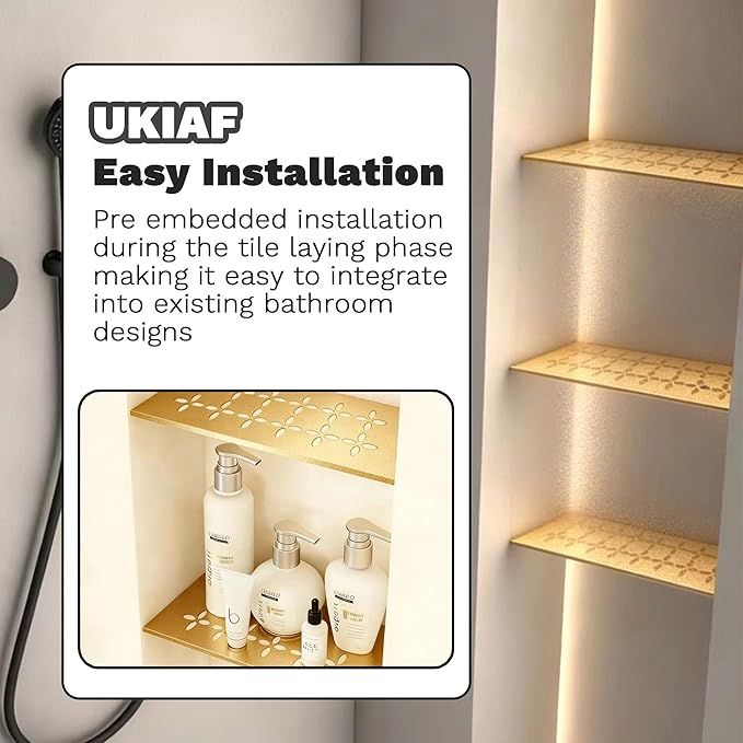12 Inch Frosted Golden Aluminum Material Shower Niche Shelf Rectangular Bathroom Niche Shelf with Floral Design Fits Prefabricated Tile Niches 1 Pack