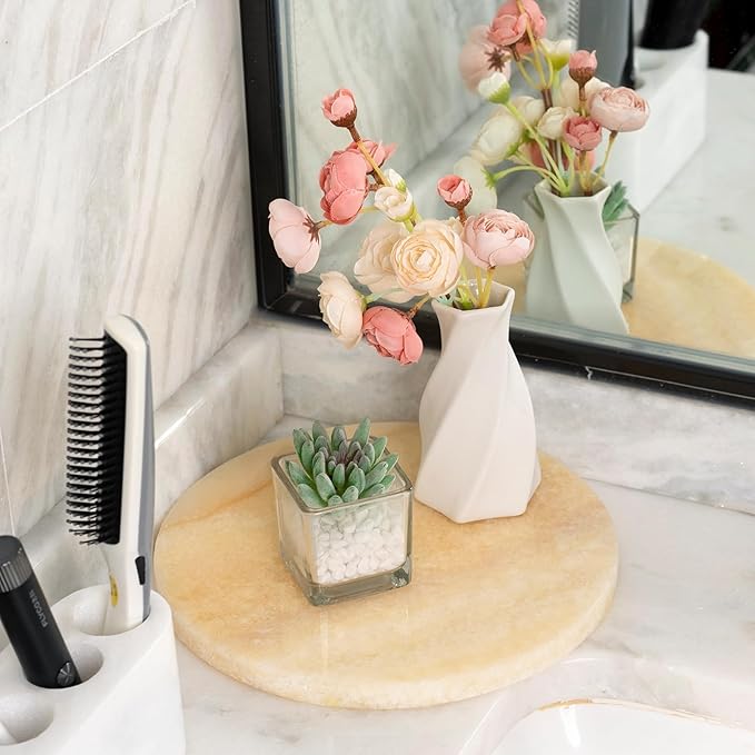 BCS Round Marble Vanity Tray for Bathroom Counter- 10 inch Natural Mexico Onyx Stone Tray for Perfume, Jewelry, Makeup Organizer, Luxury Dresser & Nightstand Decor