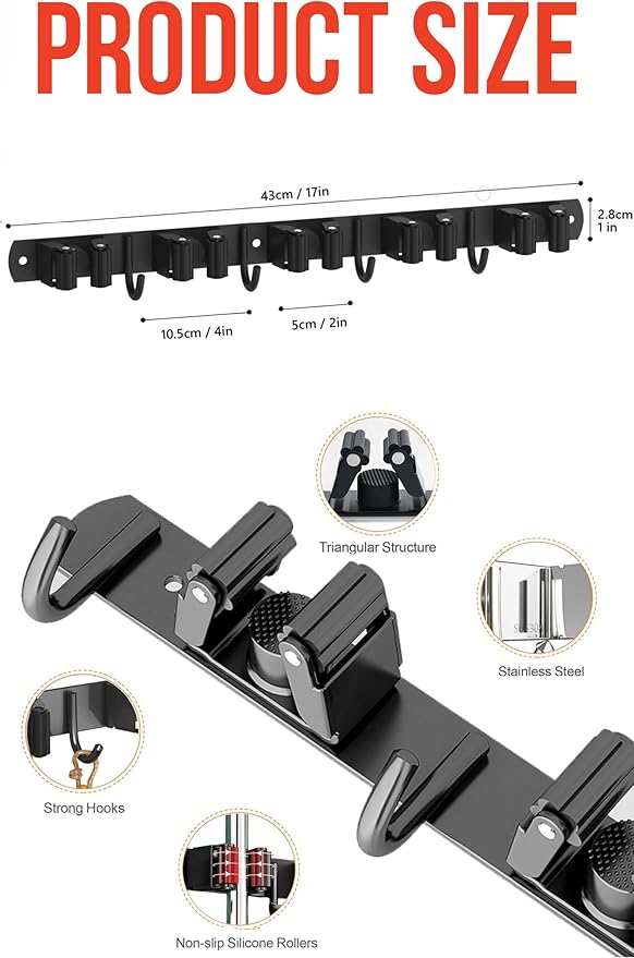 2 Pack Mop and Broom Holder Wall Mount, Upgraded Broom Hanger Wall Mount, Stainless Steel Broom Organizer for Closet Garage Laundry Room Kitchen Wall Decor Black 5R4H