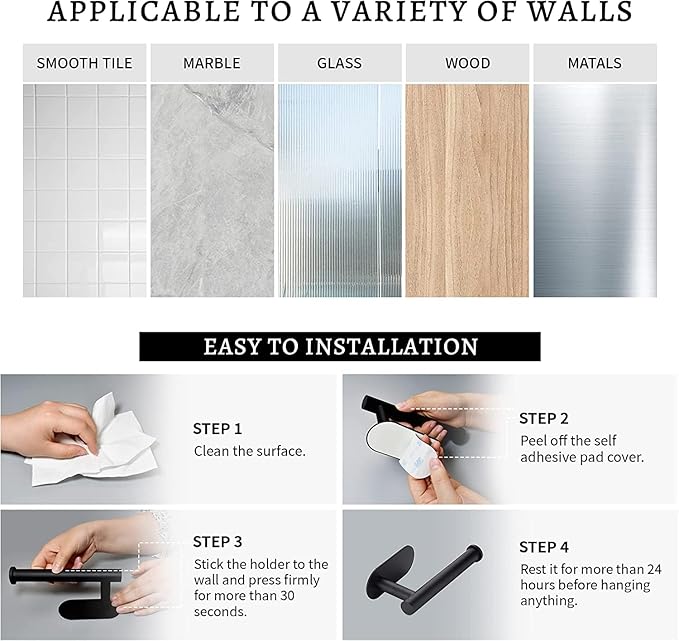 2 Pack Toilet Paper Holder Self Adhesive,Rustproof Adhesive Toilet Roll Holder No Drilling Tissue Holder for Kitchen Bathroom Tissue Holder Bathroom, Kitchen, Washroom Wall Mount （Black