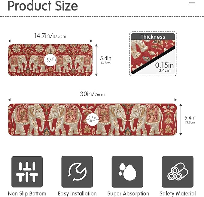 Kitchen Sink Splash Guard 2 PCS 30 Inch Sink Faucet Mat Splash Guard for Bathroom Countertop Water Absorbent Foldable Cuttable Soft Washable Red Retro Elephant Flowers
