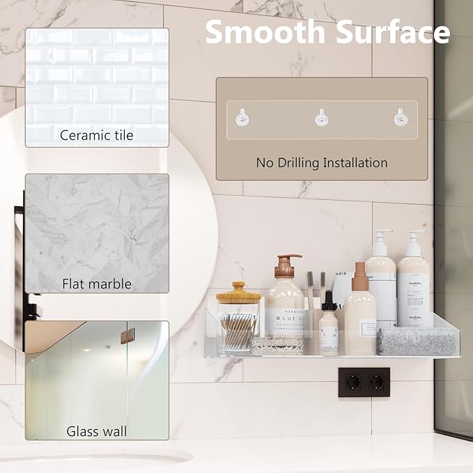 Acrylic Shower Caddy with Soap Dish, 3Pack Clear Adhesive Bathroom Shower Shelves Organizer, Transparent Floating Shelf for Wall Storage Shower Mirror, With Hook