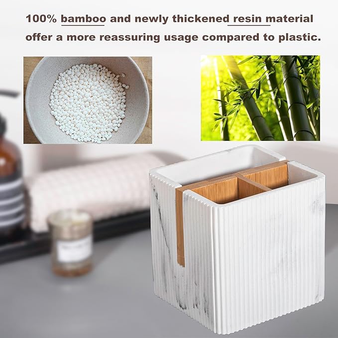 rejomiik Toothbrush Holders for Bathrooms Countertop, 3 Slots Electric Tooth Brushing and Toothpaste Storage Organizer Stand for Toiletries and Beauty Accessories, Marble White