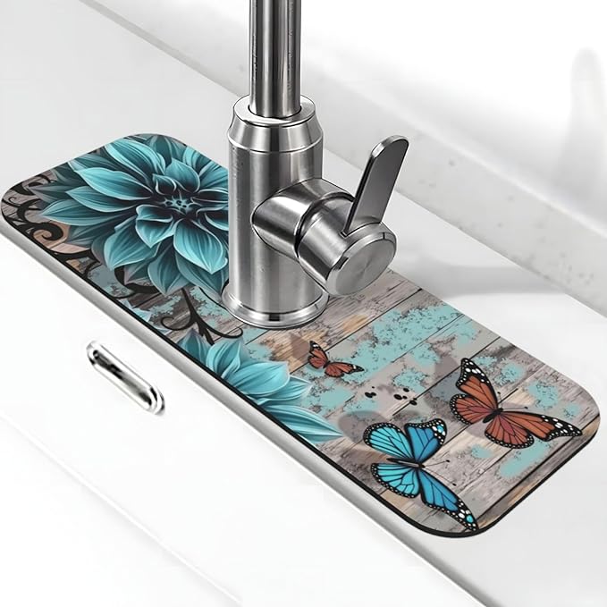 Blue Floral Butterfly 15" X 5.5" Kitchen Sink Splash Guard, Faucet Guard Draining Mat, Faucet Suction Pad For Kitchen Bathroom