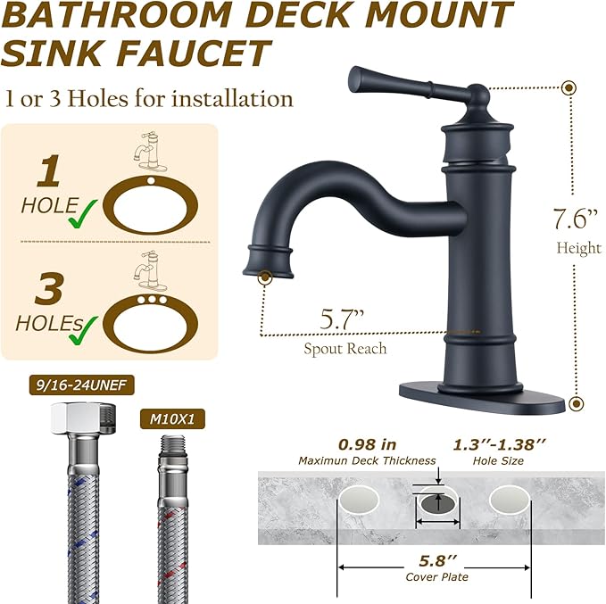Roman Bathroom Sink Faucet Matte Black Single Hole Deck-Mount Pop-up Drain Assembly with Overflow Deck Plate and Water Supply Lines Included