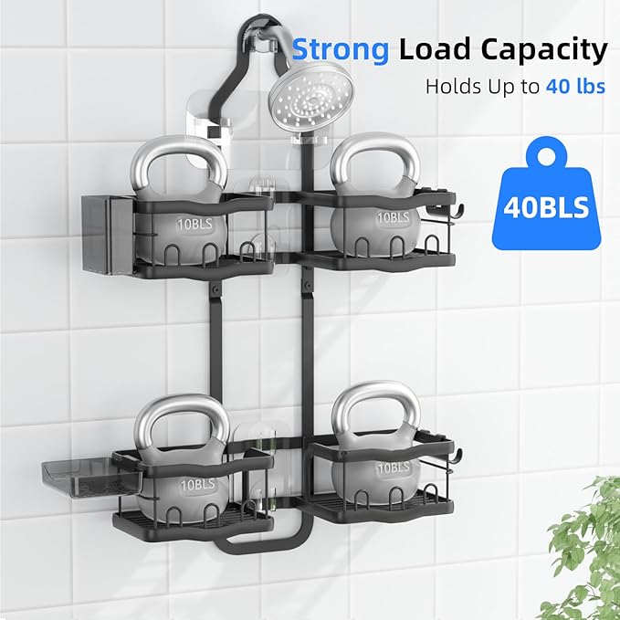 GearFusion Aluminum Alloy Shower Caddy Hanging, No Drilling Over the Shower Head Caddy, 2 Levels Showers Rack Organizer with Hooks, Razor Holder, Soap Holder