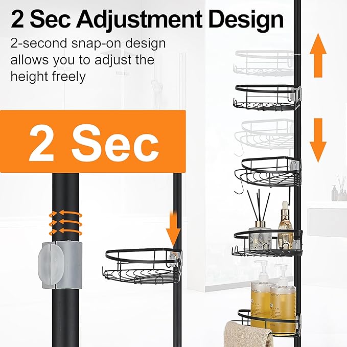 Corner Shower Caddy Tension Pole, Shower Tension Rod Organizer, 4-Tier Adjustable Floor to Ceiling Shower Caddy 33-127inch, No Drilling Shower Shelf for Inside (Black)