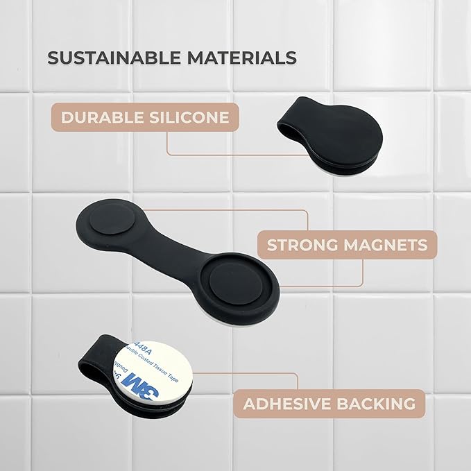 4 Pack Self Adhesive Shower Curtain Clips – Wall Mounted Clips Keep Curtain Closed and Contain Water Inside Shower – Easy Install Bathroom Splash Guards – Shower Accessories (Black)