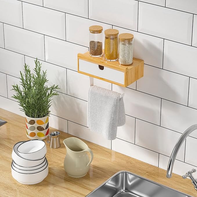 Domax Compact 7.36" Bamboo Toilet Paper Holder with Shelf and Storage Drawer - Wall Mount or Adhesive Bathroom Organizer for Tampons, Small Items, Space-Saving Design, Nature&White