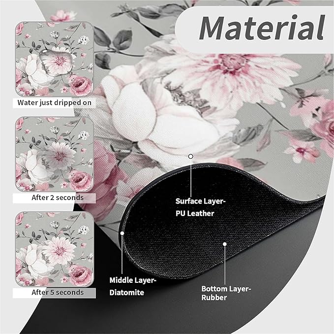 Kitchen Sink Splash Guard，Gray and pink floral Faucet Mat Sink Gadgets-Super Absorbent Fast Drying Mat Drip Catcher for Kitchen, Bathroom,Sink Mat, Dish Drying Mat, Bathroom(15" X 5.5" )