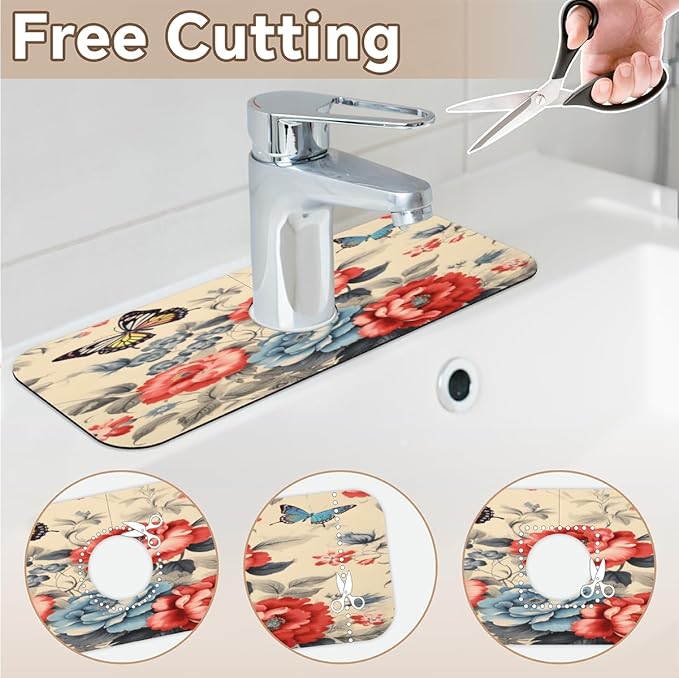Vintage Floral Butterfly Kitchen Faucet Mat Splash Guard, 15.4”x5.7” Absorbent Quick Drying Sink Mat for Countertop Protection, Draining Mat Sink Protectors For Kitchen Bathroom, 1 Pack