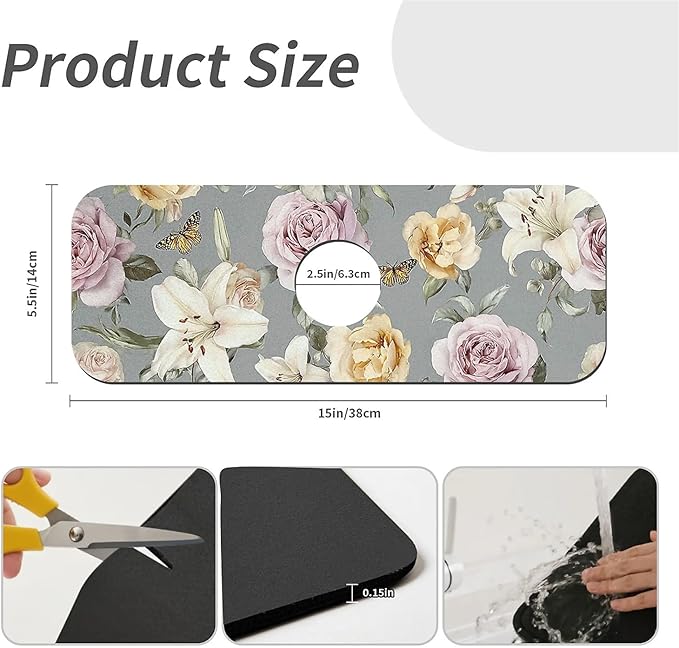 Kitchen Sink Splash Guard，Watercolor roses and lilies Faucet Mat Sink Gadgets-Super Absorbent Fast Drying Mat Drip Catcher for Kitchen, Bathroom,Sink Mat, Dish Drying Mat, Bathroom(15" X 5.5" )