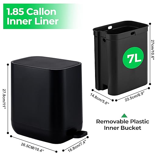 1.85 Gallons 7 Liters Slim Small Kitchen Trash Can with Lid Soft Close Dust Bin Step Pedal Garbage Waste Home Bathroom Office ABS Smooth Washable Cubo de Basura Cocina Black