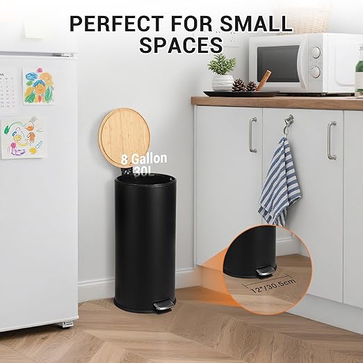 GarveeHome 8 Gallon Step Trash Can with Soft-Close Bamboo Lid, Stainless Steel Garbage Can with Removable Inner Bucket, 30L Round Trash Bin, Perfect for Kitchen, Bathroom, Living Room, Black