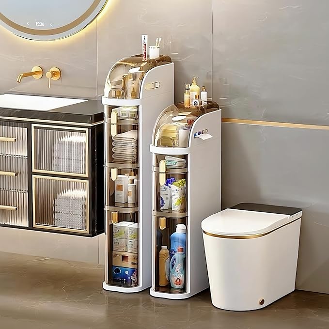 4-Tiers Narrow Bathroom Floor Storage Cabinet 7.1″ Plastic Drawers Organizer with Tissue Box and Wheels Slim Waterproof Bathroom Cabinet for Small Kitchen Laundry Living Room Toilet Gap