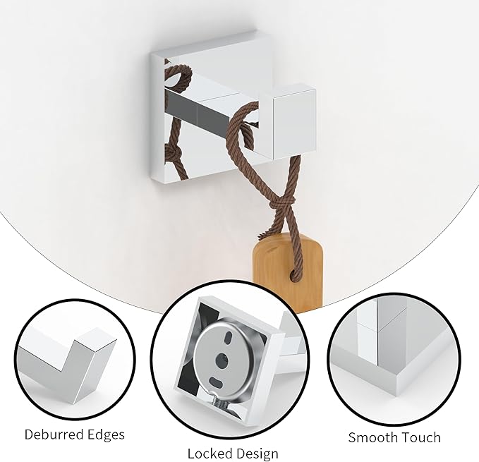 Ruacq Towel Hooks for Bathrooms, Heavy Duty Stainless Steel Square Bathroom Hooks, Wall Mounted Towel Hanger for Robe & Coat, Ideal for Kitchen, Bedroom, and Hotel Use(Chrome, 2 Pack)
