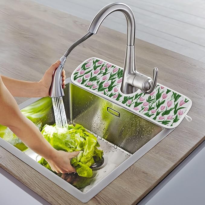 2 PCS Kitchen Sink Splash Guard 14.9 Inch Faucet Mat for Kitchen Sink Bathroom Sink Faucet Absorbing Drip Drain Mat Pad Microfiber Soft Washable Small Tulips Pink