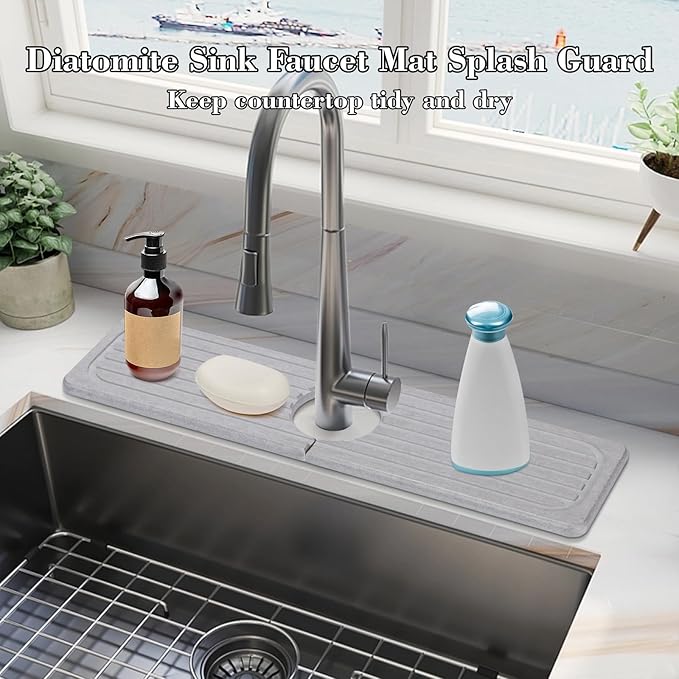 Stone Faucet Mat for Kitchen Sink, 15.7" Diatomite Drying Stone Kitchen Sink Mat Super Absorbent, Stone Kitchen Sink Splash Guard, Sink Stone Quick Dry Around Faucet for Kitchen Bathroom Counter