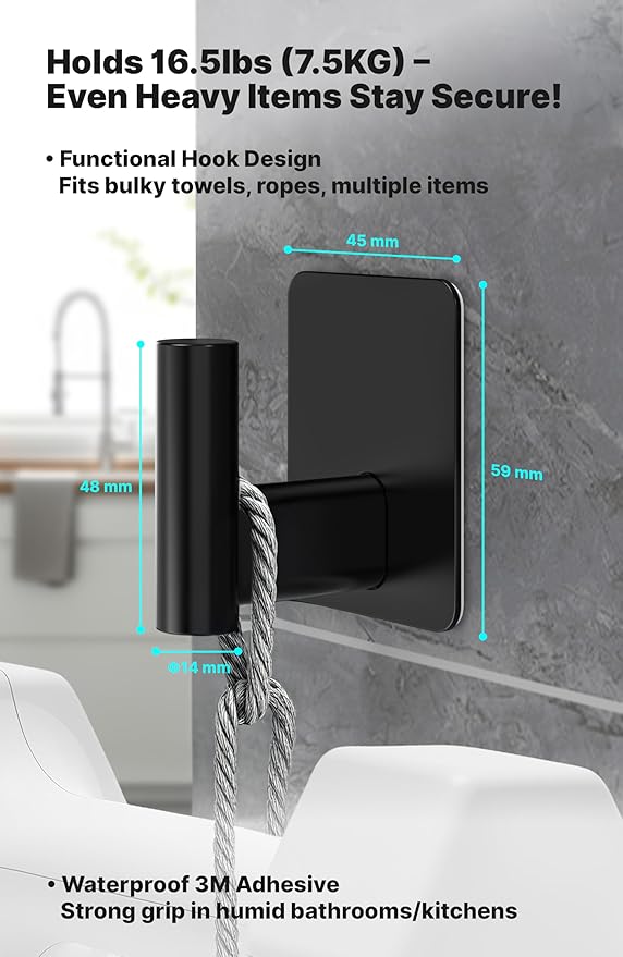 Adhesive Towel Hooks for Bathrooms, Set of 4 Black Self-Adhesive Robe Rack, Heavy Duty Hooks - Includes Backup Mounting Nails Black, No Drill Needed