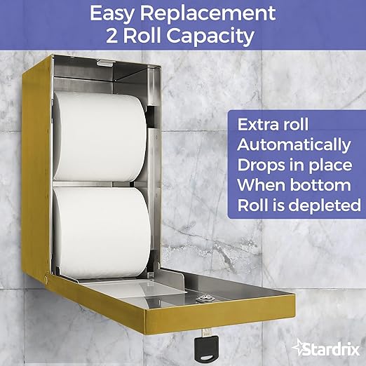 Gold 2 Roll Stainless Steel Commercial Toilet Paper Dispenser, Heavy Duty Wall Mount Tissue Holder with Lock for Restroom/Bathroom
