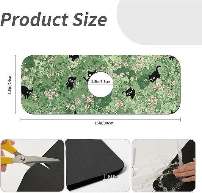 Kitchen Sink Splash Guard，small cats and flowers Faucet Mat Sink Gadgets-Super Absorbent Fast Drying Mat Drip Catcher for Kitchen, Bathroom,Sink Mat, Dish Drying Mat, Bathroom(15" X 5.5" )