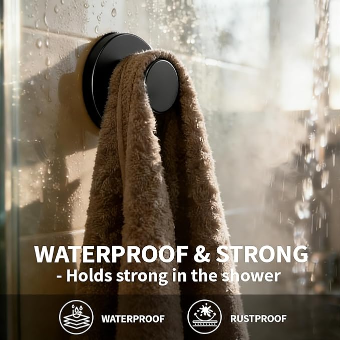 Strong Suction Cup Shower Hooks - No Drill Solution for Hanging Towels on Glass Door & Bathroom Wall. Heavy Duty Waterproof Hooks for Shower, Kitchen, Tile (4 Pack, Black)