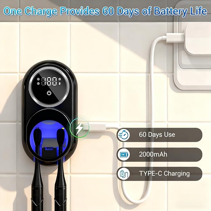 Smart Electric Toothbrush Holders for Bathrooms,Travel Toothbrush Holder with Motion-Sensing Cover,Auto-Clean & Instant Dry,2 Brush Slots,LED Display & USB Rechargeable (Black)