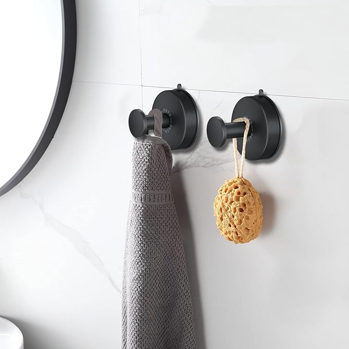 DGYB Suction Cup Hooks for Shower Set of 2 Removable Stainless Steel Towel Hook for Bathroom Glass Window Door Wall and Suction Wreath Hook for Hanging Robe, Loofah, Coat - Black