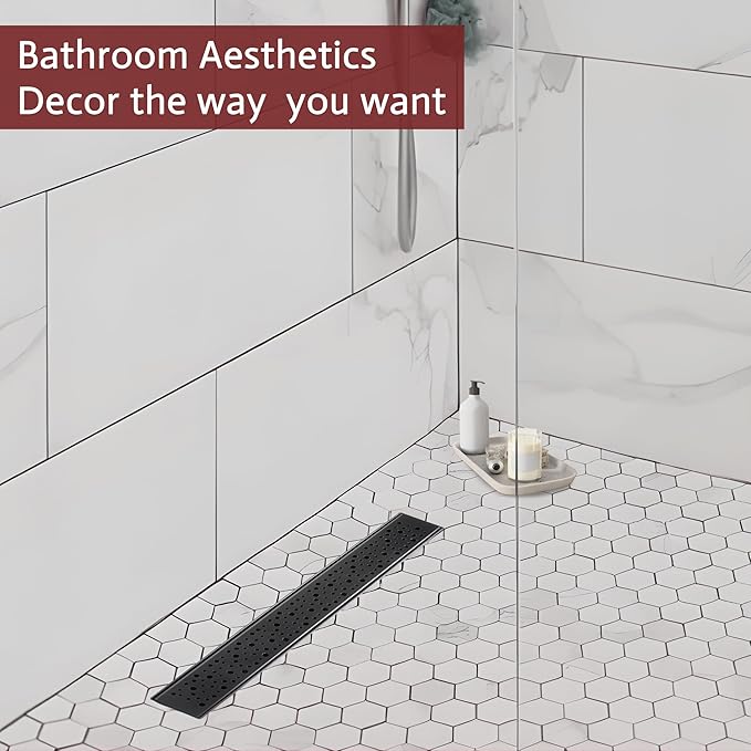 24 Inch Linear Shower Drain, Matte Black Shower Drain,Removable Grate, 304 Stainless Steel, Easy to Install and Clean for Bathrooms (Drain Base Not Included), LSD-19A-24B
