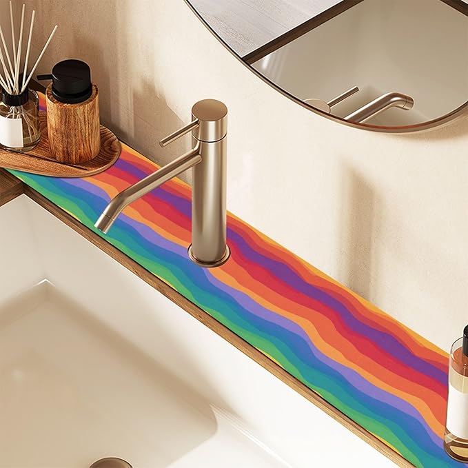 Wavy Rainbow Color Stripes Kitchen Sink Splash Guard Sink Faucet Mat Faucet Handle Drip Catcher Drain Mats for Kitchen Bathroom Countertop Absorbent Dish Drying Pad 2Pack 14.7x5.4IN