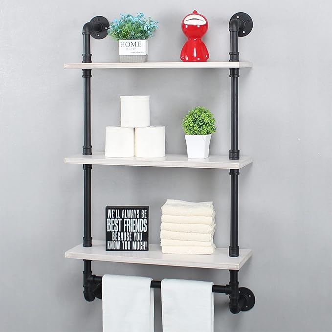 MBQQ Iron Pipe Shelves Industrial Bathroom Shelves with Towel bar,24in Rustic Metal Pipe Floating Shelves Pipe Wall Shelf,3 Tier Industrial Shelf Wall Mounted,Black & White