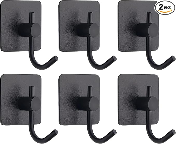 PMMASTO Towel Hooks - Heavy Duty Wall Robe Coat Hook for Hanging- Shower Hooks (Black, “ J ”Shape 6PC)