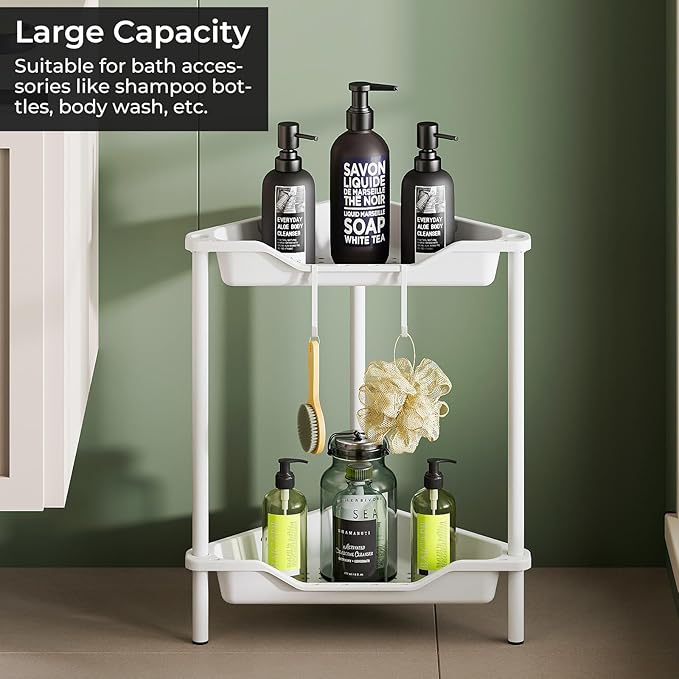 ODesign 2 Tier Floor Standing Corner Shower Caddy Organizer Plastic Metal Splicing Shelf Storage Rack for Bathroom White - Rustproof
