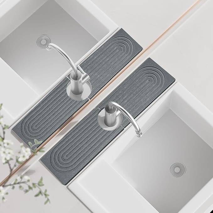 Faucet Mat for Kitchen Sink ，Water Absorbing Stone Tray for Sink，15.7 inches Long Diatomite Fast-Drying Faucet Mat， Faucet Splash Guard for Bathroom Counter