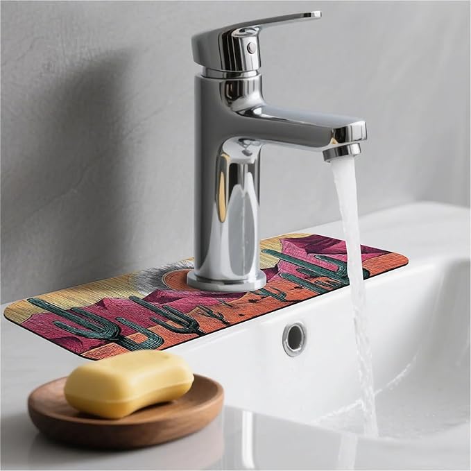 Kitchen Sink Splash Guard，Cacti and colorful deserts Faucet Mat Sink Gadgets-Super Absorbent Fast Drying Mat Drip Catcher for Kitchen, Bathroom,Sink Mat, Dish Drying Mat, Bathroom(15" X 5.5" )