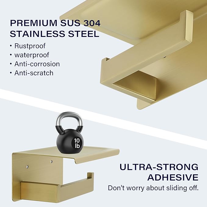 Alise Toilet Paper Holder,Bathroom Tissue Holder with Shelf,SUS304 Stainless Steel Toilet Paper Roll Holder Storage Dispenser,Self Adhesive or Wall Mount Drilling Paper Rack, Gold GYT5000-G