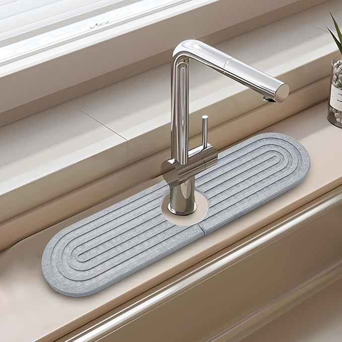 Stone Fucet Mat for Kitchen Sink, Fast Drying Stone Sink Tray Kitchen Faucet Splash Guard Sink Faucet Absorbent Mat for Bathroom Fucet Sinks17.7" x 3.9",Light Grey