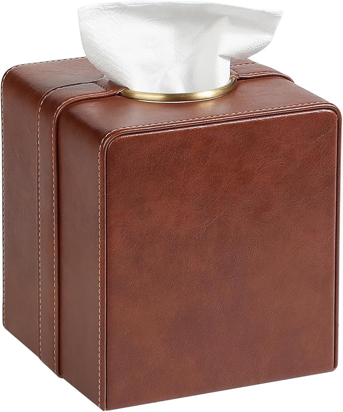 Luxury Square Tissue Box Cover, PU Leather Tissue Box Holder with Magnetic Closure and Gold Decorative Grommets for Bathroom Bedroom, Decorative Elegant Cube Tissue Holder (Brown)