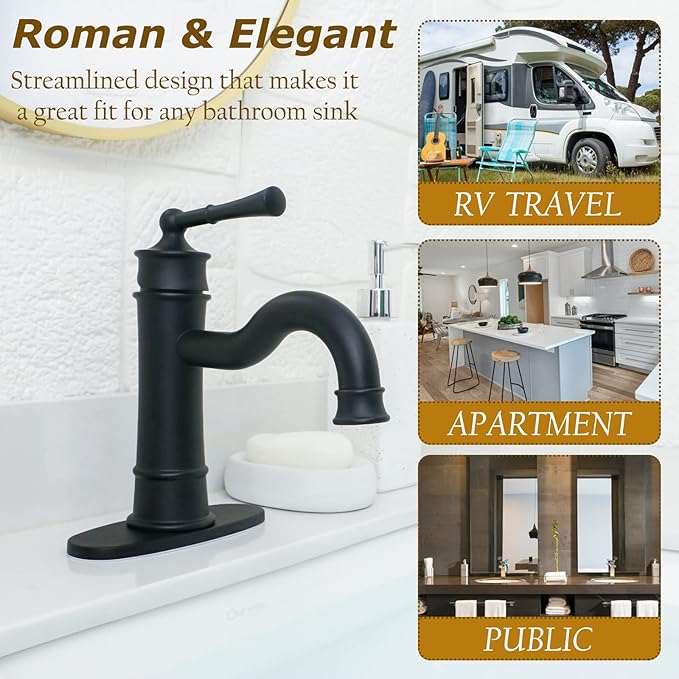 Roman Bathroom Sink Faucet Matte Black Single Hole Deck-Mount Pop-up Drain Assembly with Overflow Deck Plate and Water Supply Lines Included