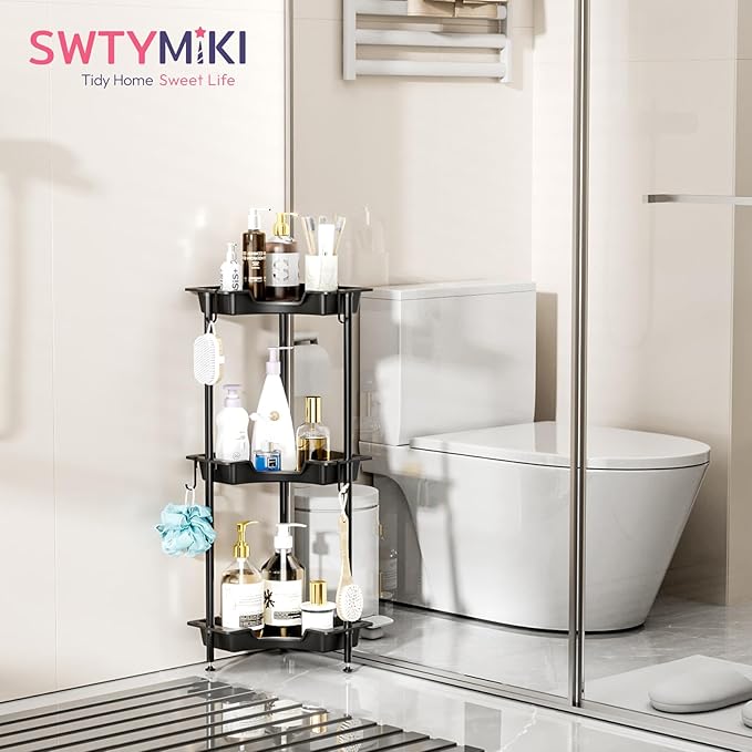 SWTYMIKI Corner Shower Caddy Standing - 3 Tier Rustproof Plastic Shower Caddy, Floor Corner Shelf, Free Standing Rack Storage Stands for Bathroom, Black
