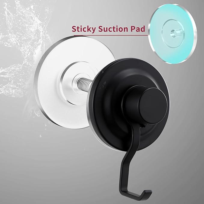 YIGII Suction Cup Towel Hooks - Hanging Hooks on Glass Mirror, Shower Hooks Without Drilling Hanging Loofah, Shower Brush, Robe – Waterproof & Rustproof, Matte Black (4-Pack)