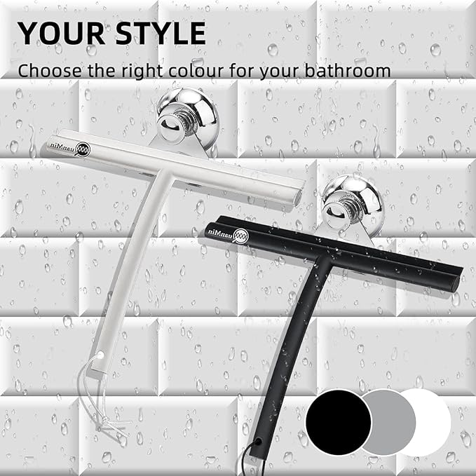 9 Inch Rounded Shower Squeegee with Hook & Suction Cup | Stainless Steel Core Silicone Wiper for Glass, Ceramic Doors & Windows - Grey Multi-Use Tool