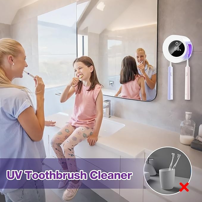 Toothbrush Sanitizer - Wall Mounted Toothbrush Holder LED Smart Screen with Auto Inductive Open/Close Cover for Bathroom Wall-Mounted (White)