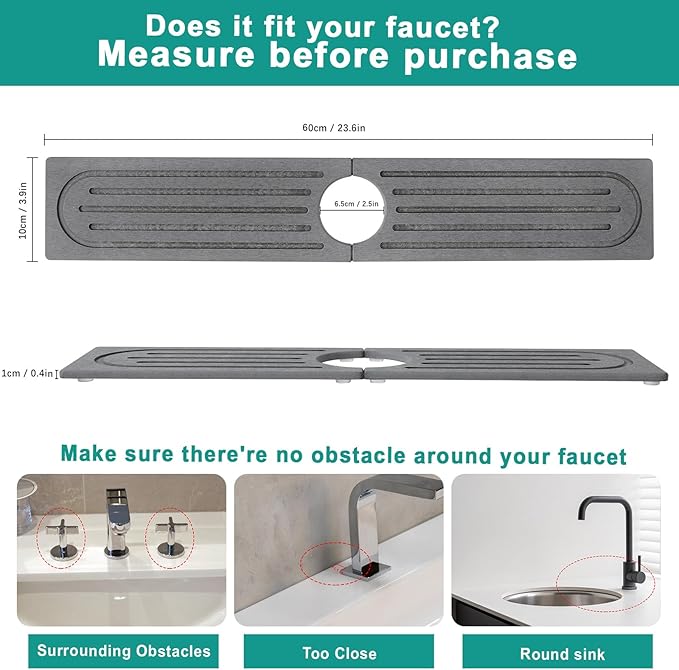 23.6”Drying Stone Faucet Mat for Kitchen Sink-Diatomite Quick Dry Kitchen Sink Splash Guard, Water Absorbent Diatomite Stone Tray,Durable Protector for Bathroom Counter (Grey, 23.6" X 3.9")