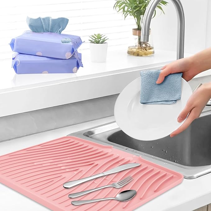Silicone Dish Drying Mat, Stone Drying Mat for Kitchen Counter with Built-in Drain, Non-Slip 16" X 12" Drying Matt Kitchen Counter and Grey Microfiber Cleaning Cloth, Cleaning Rags Set(Pink)