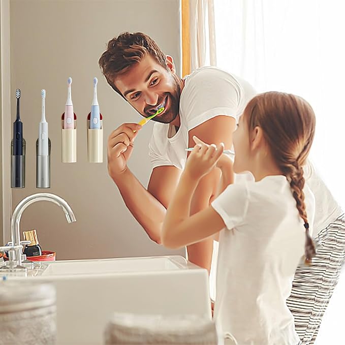 4 Pack Electric Toothbrush Holders for Bathroom, Wall Mounted Clear Electric Toothbrush Organizer, Self Adhesive Bathrooms Toothbrush Storage for Shower, Saving Space and Keep Drying (Cream)